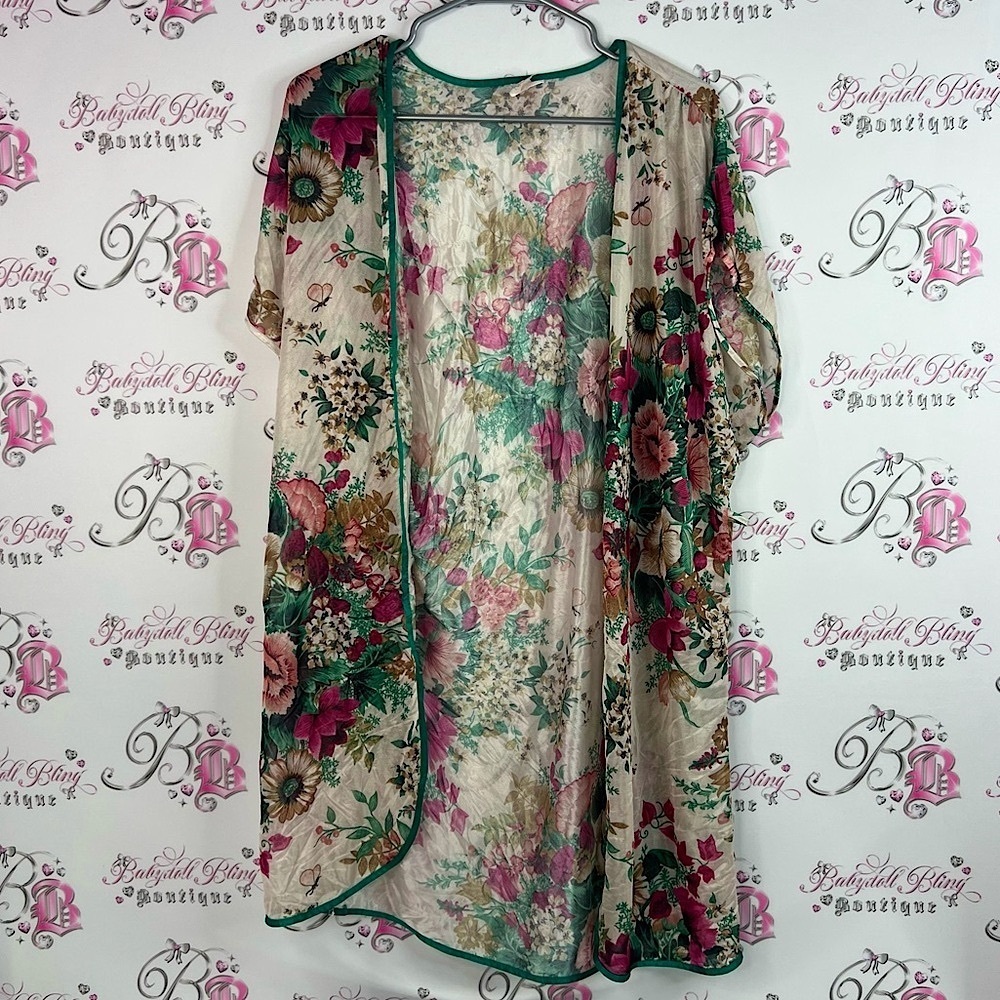 Avon robe flowers vintage shiny shimmer Floral Sheer Kimono Cardigan